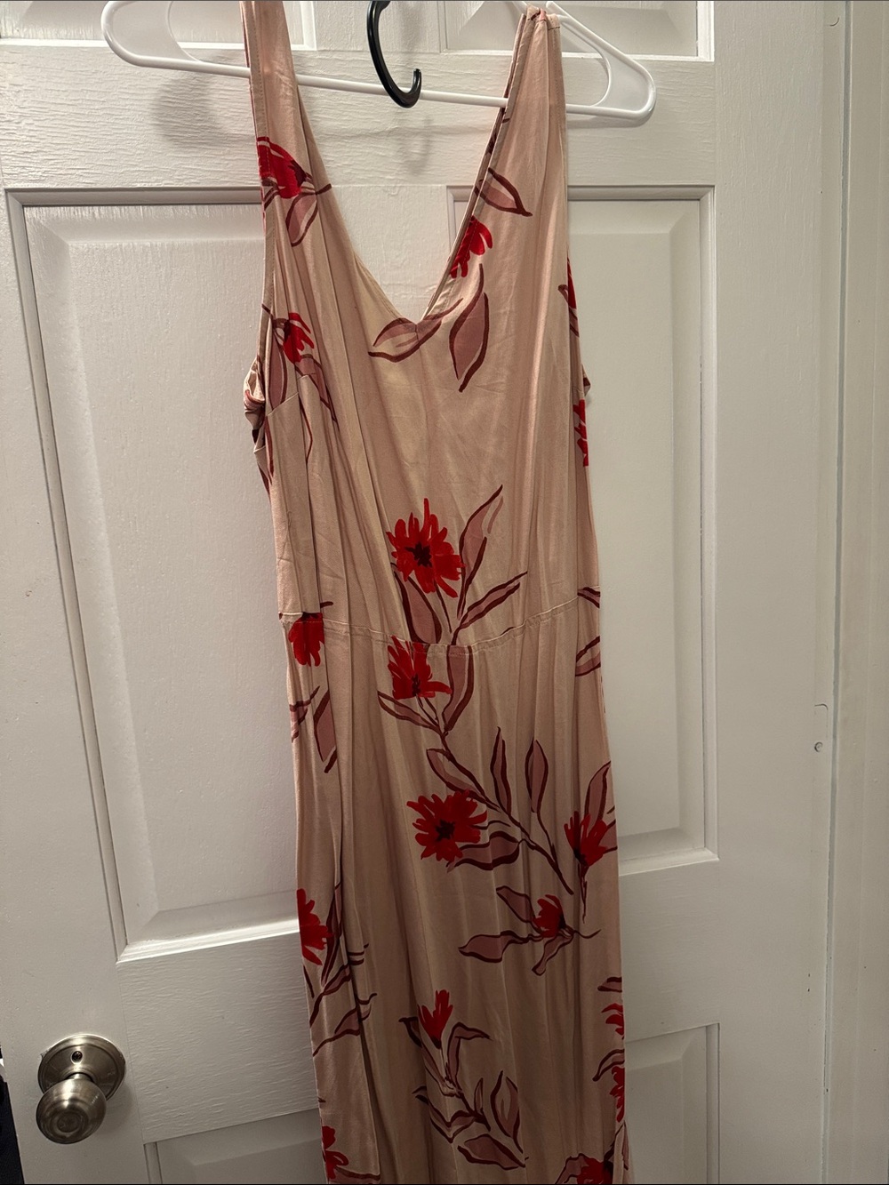 Beige Floral Maxi Dress with Red Print - Women's Dress